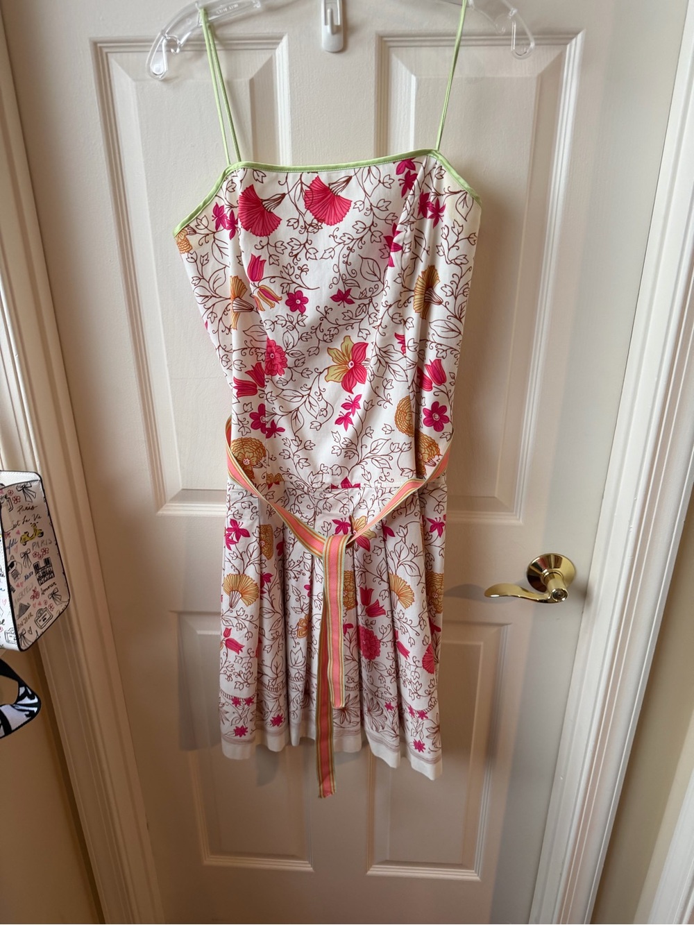 Woman’s Floral Spaghetti-Strap Dress with Belt - Pink & Gold Floral
